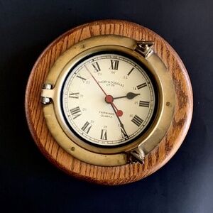 Vintage Emory & Douglas Brass & Oak Nautical Ship Porthole Wall Clock